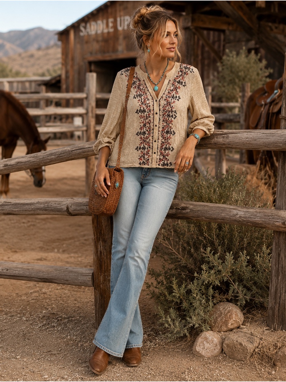 Reba Embroidered Boho Henley Top Beige Neutral Blouse 3/4 Sleeve Cottagecore